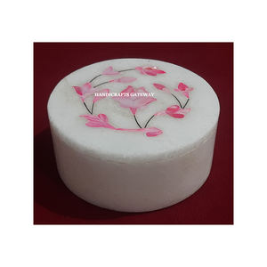 Forme ronde marbre blanc rose nacre incrustation boîte à bijoux conception de fleur à la main utilisation pour l'emballage et les cadeaux de bague en or - Product Image 2
