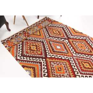 Alfombra Turca Vintage de Lana 5x8 pies, Patrón Ombré Rojo Naranja, Diseño Ecológico de Patchwork, Base de Látex - Product Image 1