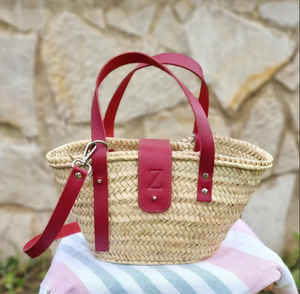 Bolso de Paja Moderno con Asas de Cuero, Bolso de Paja Tejido Personalizado con Iniciales, Cesta Marroquí - Product Image 1