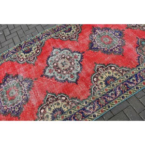 4.6x12.8 ft Vintage Rug, <b>Red</b> Check Turkish Rug <b>Wool</b> - Product Image 5