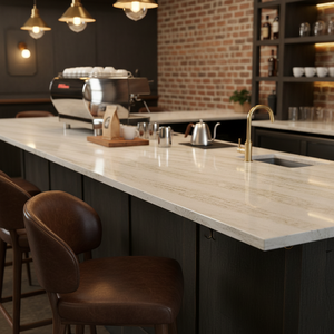 OEM 2025 Dalle de pierre artificielle de luxe polie à la main en or Calacatta Comptoir en marbre de quartz Utilisation en entrepôt moderne et écologique - Product Image 6