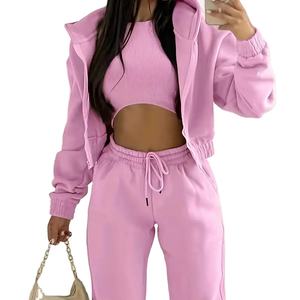 260 grammes Polyester rayonne décontracté automne hiver fermeture éclair surdimensionné léger deux pièces à capuche survêtements ensembles femmes en gros - Product Image 4