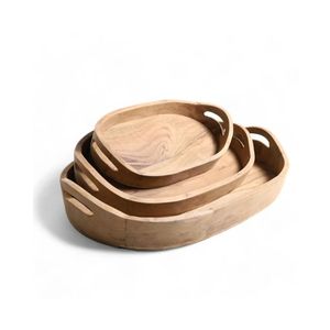 Juego de 3 bandejas ovaladas de madera hechas a mano con asa, tamaño personalizado, vajilla para café, logotipo grabado con láser, embalaje personalizado para - Product Image 3