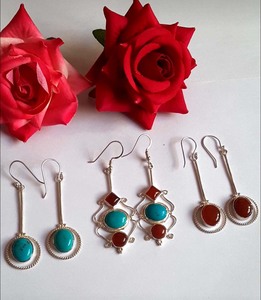 Delicate Design Carnelian & Turquoise Round & Square Gemstone 925 Silver Gold Plated Dangle Earring For Wedding Jewelry <b>Gift</b> - Product Image 1