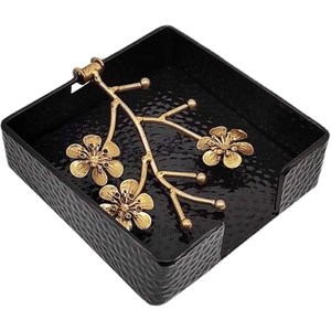 <b>Black</b> Color Powder Coated Heavy Duty Metal Hammered Texture Designer Attractive Look With Gold Plated Flower Tissue <b>Holder</b> & Box - Product Image 1