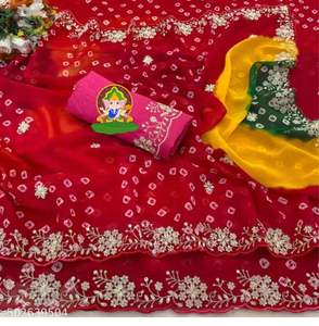 Sari en Georgette de Qualité Supérieure, Dernier Design, Broderie Fantaisie, Travail de Pitha et Impression Bandhej sur Toute la Surface - Product Image 2