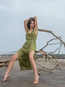 Vestido Maxi Bohemio de Playa para Vacaciones, Sin Espalda, Cuello Redondo, Algodón Liso Teñido, Cintura Natural para Mujer - Product Image 2