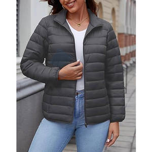 Veste matelassée légère pour femme, fermeture éclair intégrale, col montant, avec 4 poches, doublure en polaire chaude, manteau d'hiver gris foncé - Product Image 3