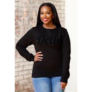 Solid Delta Chenille Crewneck Sweatshirt <b>Black</b> Premium Fleece Sorority Apparel Greek DST Monochrome Winter <b>Top</b> - Product Image 1
