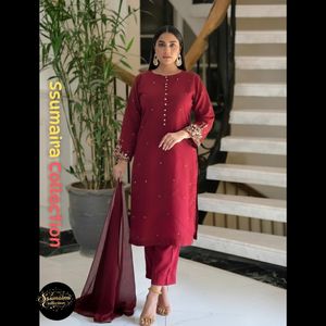 Ssumaira <b>Present</b> Elegant Maroon 3-Piece Embroidered Suit | Festive Pakistani Wear - Product Image 4