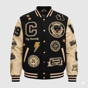 Veste universitaire avec patch brodé, logo personnalisé de haute qualité, manches en PU, corps en laine, veste de baseball, veste de lettreman, vêtements d'extérieur pour hommes - Product Image 1