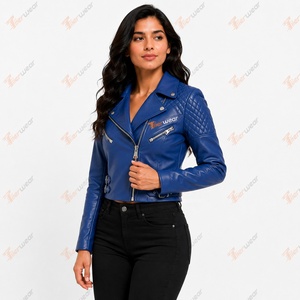 Veste en cuir PU bleu pour femme Tiierwear, style motard, avec dos matelassé et fermeture éclair, longueur courte - Product Image 4