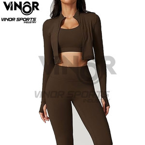 Premium Workout Sets for Women 3 Piece High Waisted Seamless <b>Leggings</b> <b>Crop</b> Top and Jacket Gym Yoga Outfit Stretchy Sports Bra - Product Image 5