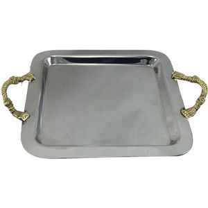 Plateau de service rectangulaire élégant en acier inoxydable martelé doré avec poignées florales dorées, plat décoratif en métal - Product Image 4