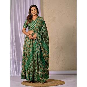 Lehenga Choli Étnico Verde Mar, Estampado en Algodón, Talla Única, Vestido Tradicional Indio para Fiestas Estilo Bollywood - Product Image 3