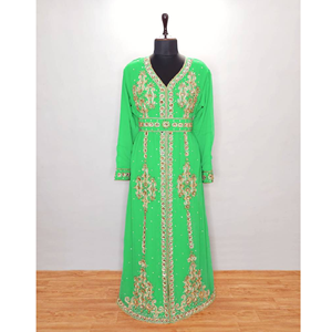 Hot Selling Luxury Moroccan <b>Kaftan</b> for Women Turquoise <b>Gold</b> Embroidered Georgette Gown Modest Islamic Fashion Breathable ODM - Product Image 1