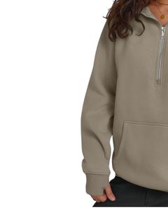 Sweat-shirt à capuche en polaire beige pour femme, demi-zip, chaud, décontracté, doux, pour l'hiver, coupe ample, poche kangourou, streetwear - Product Image 2