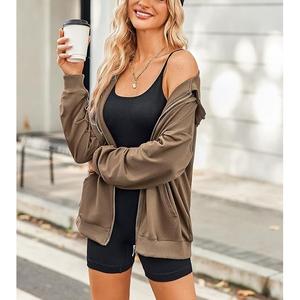 Nuevo diseño de mujer 100% algodón manga larga cuello redondo hombro pendiente Color sólido cómodo Casual Zip Hoodie mejor precio - Product Image 4