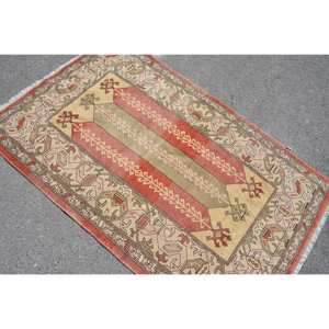 Alfombra Vintage de Lana, Color Rojo y Beige de Anatolia, 3,5X5,8 Pies, Área Grande, Diseño de Retazos Rectangulares para Habitación de Adolescentes, Pasillo con Respaldo de Látex - Product Image 4