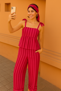 Conjunto de lino a rayas de color rosa sólido con estilo peplum con correas de amarre en los hombros sin mangas cintura natural con 2 bolsillos - Product Image 4