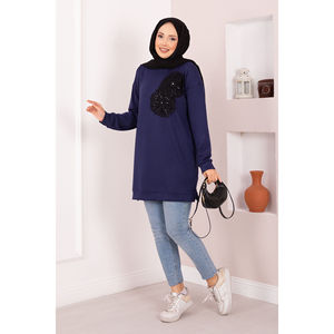 Túnica Hijab Informal Azul Marino Oysho con Bordado Floral, Tejido de Punto, Talla Grande, Estampado - Product Image 3