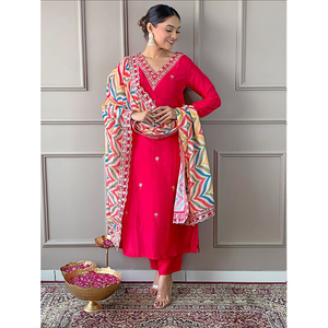 Conjunto de pantalón Dupatta de rayón de viscosa pura, bordado de codificación de secuencia de ropa paquistaní india de diseño tradicional moderno - Product Image 1