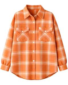 Camisa Oversize de Franela a Cuadros para Mujer, Naranja, Manga Larga, Casual, con Bolsillos, Suave, para Otoño e Invierno, Venta al por Mayor - Product Image 1