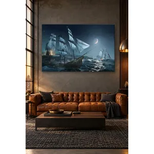 Impression sur toile de navires pirates Fida dans une mer agitée au clair de lune - Product Image 3