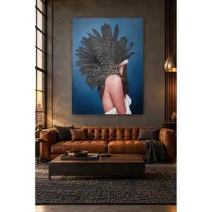Fida Woman recouverte de plumes noires sur fond bleu, impression sur toile - Product Image 2