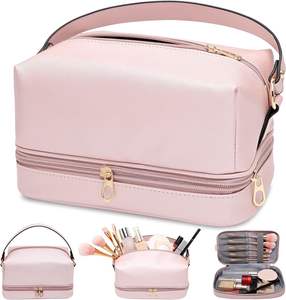 Women's <b>Large</b> Capacity Light Pink <b>Makeup</b> <b>Bag</b> Portable Cosmetic <b>Bag</b> with Multiple Pockets and Handle for Traveling or Daily Use - Product Image 4