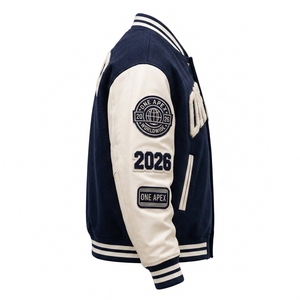 Custom ONEAPEX International Navy Blue White Varsity Letterman <b>Baseball</b> Chenille <b>Jacket</b> Wool Leather Sleeve Hooded OEM ODM - Product Image 3