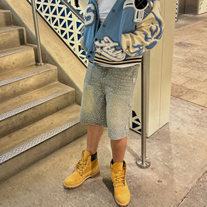 Vente en gros DENIM Broderie personnalisée Logo Short en jean vieilli avec strass Short en jean vieilli délavé à l'acide Short en jean Jorts pour hommes - Product Image 2