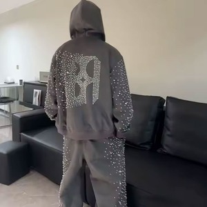 Chándal pesado personalizado con estampado de diamantes de imitación lavado con ácido para hombre, conjunto de pantalones de chándal acampanados y Sudadera con capucha - Product Image 2