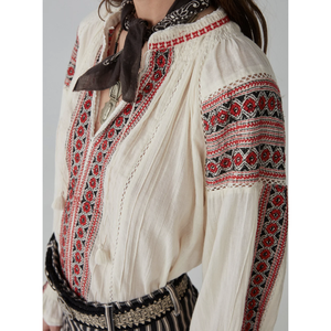 Chemisier Audrey Bohemian Rhapsody Vintage à Broderies Florales en Lin, Soie, Mousseline et Coton – Tailles XXL, XL, 4XL – Décontracté, Court, Printemps - Product Image 1