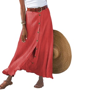 Jupe décontractée mi-longue fendue en coton et lin pour femme, nouvelle collection été 2024, style A-line, taille mi-haute, couvrant les hanches - Product Image 1