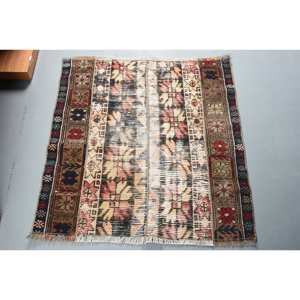 Tapis en laine traditionnel Beige marron 3x3ft Design Patchwork turc pour entrée couloir salon rectangulaire chevet raccord Latex - Product Image 1