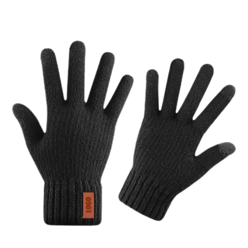 Custom Logo Gebreide Handschoenen Met Lederen Label Unisex Handschoenen Met Verdikking Winterhandschoenen Touchscreen Voor Mannen Volwassen