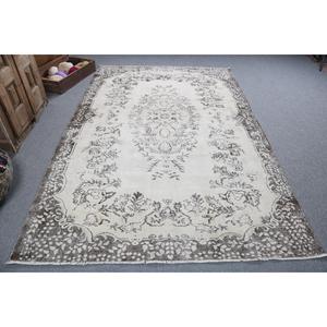 พรมตุรกีวินเทจ ขนาดใหญ่ 5.9x9.2 ฟุต พรมขนสัตว์ลายดอกไม้สีขาวเทา - Product Image 1