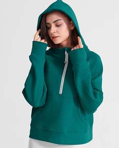 Sweat à capuche personnalisé de haute qualité pour femmes doublé polaire demi-fermeture éclair pull en coton hiver chaud sweat avec poche trou pour les pouces - Product Image 1