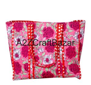 Bolsa de Mano Acolchada de Algodón 100% Puro Ecológica para Mujer, Bolsa de Compras Grande de Tela a Rayas Hecha a Mano de Rajasthan - Product Image 3
