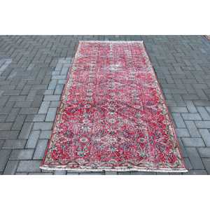 Vintage Turkish <b>Wool</b> Area Rug 3.8x7.6 ft (115x232 Cm) Eco Friendly Patchwork Design with <b>Red</b> Border and Latex Backing - Product Image 1