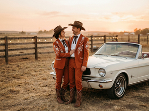 Ensemble de costumes de mariage brodés de style western pour couple, blazer et pantalon de style cowboy pour mariages rustiques - Product Image 3