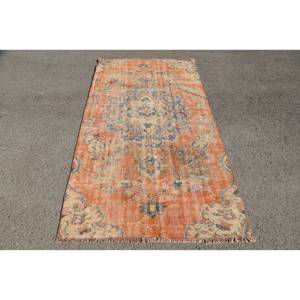 Tapis en Laine Classique Vintage Design Patchwork Bleu Orange Grand 4.1X7,7 pieds pour Salon ou Couloir avec Latex Rayé - Product Image 1