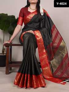 Ropa étnica india Poly Cotton Elegance con Chex y Zari Weaving Work Borders Saree con el mismo diseño Blusa Piezas para mujer - Product Image 5