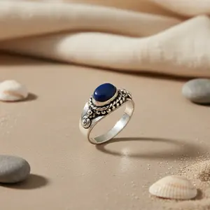 Bague en argent 925 avec pierre précieuse bleue pour femmes, taille ajustable, bijoux ethniques de déclaration, mariage, laiton plaqué avec incrustation en forme de chiffre - Product Image 3