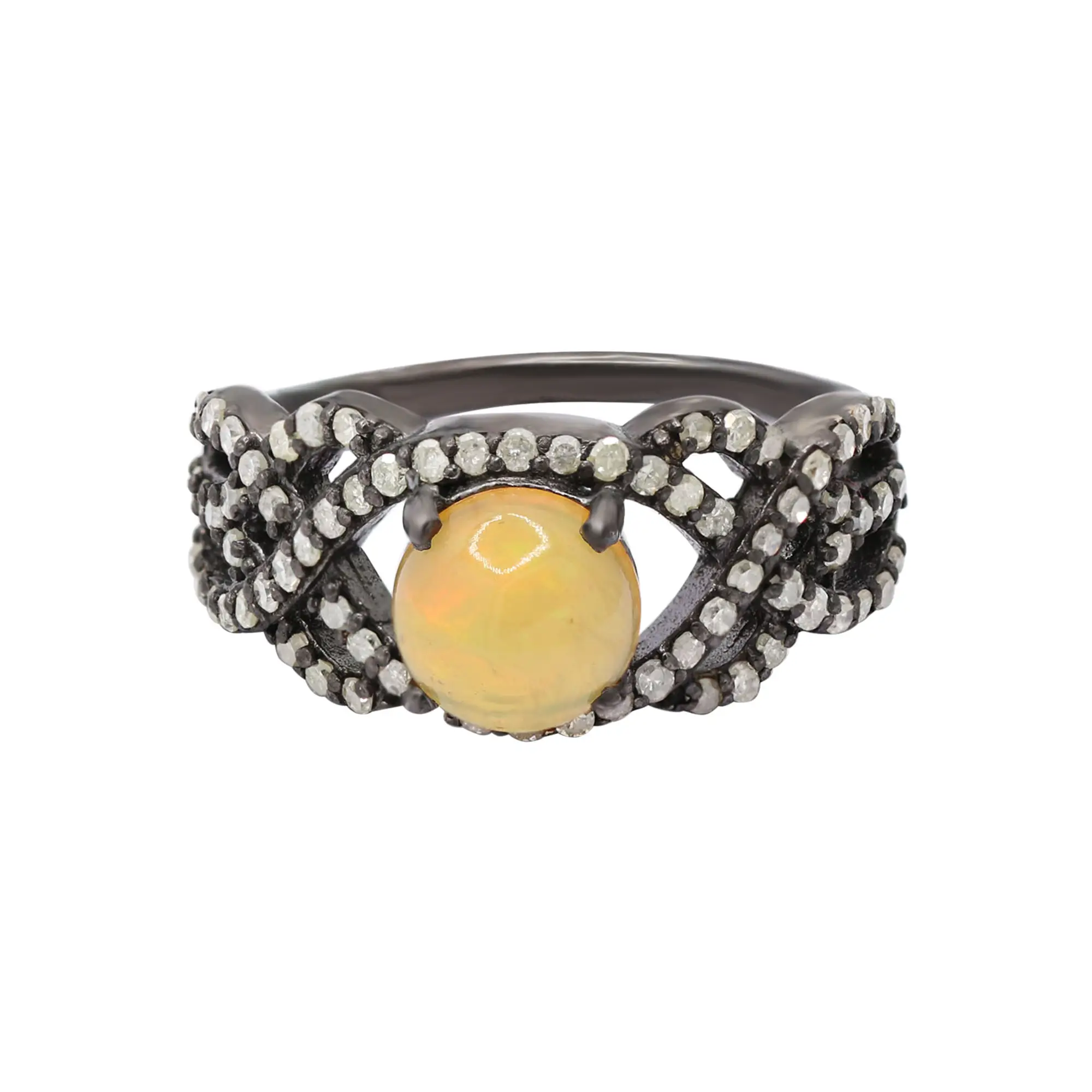 Bague en opale naturelle ronde et diamant pour femme Bijoux en rhodium noir faits à la main en argent sterling 925