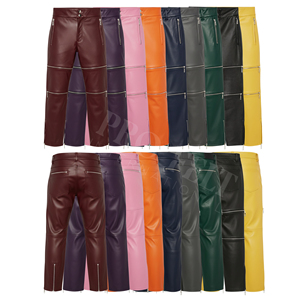 Pantalons droits en similicuir de mode décontractée streetwear en gros, taille haute, fermeture éclair, extensible, logo en relief personnalisé, pantalons en cuir - Product Image 1
