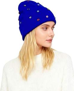 หมวกบีนนี่ถักลายแจ็คการ์ดประดับคริสตัลสีน้ำเงิน ผ้าอะคริลิกเนื้อเรียบ ยืดหยุ่น ใส่ได้ทุกฤดู  ลายปักตกแต่งสไตล์ยูนิเซ็กส์ - Product Image 3