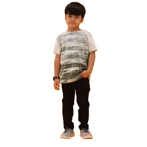 Трикотажная футболка цвета хаки для мальчиков, из чистого хлопка, с круглым вырезом и рукавом до локтя, стандартная длина, 100%