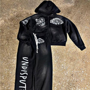 Conjunto Deportivo Unisex de Invierno, Estilo Urbano, Algodón Sólido, Estilo Jogger, Lavado Desgastado, Sudadera con Capucha y Pantalones Deportivos con Pedrería - Product Image 5